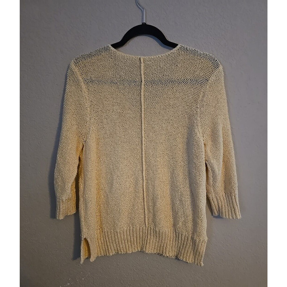 Chico's Yellow V-Neck Open Knit Stretch 3/4 Sleeve Pullover Sweater Womans Sz MD - Picture 2 of 4